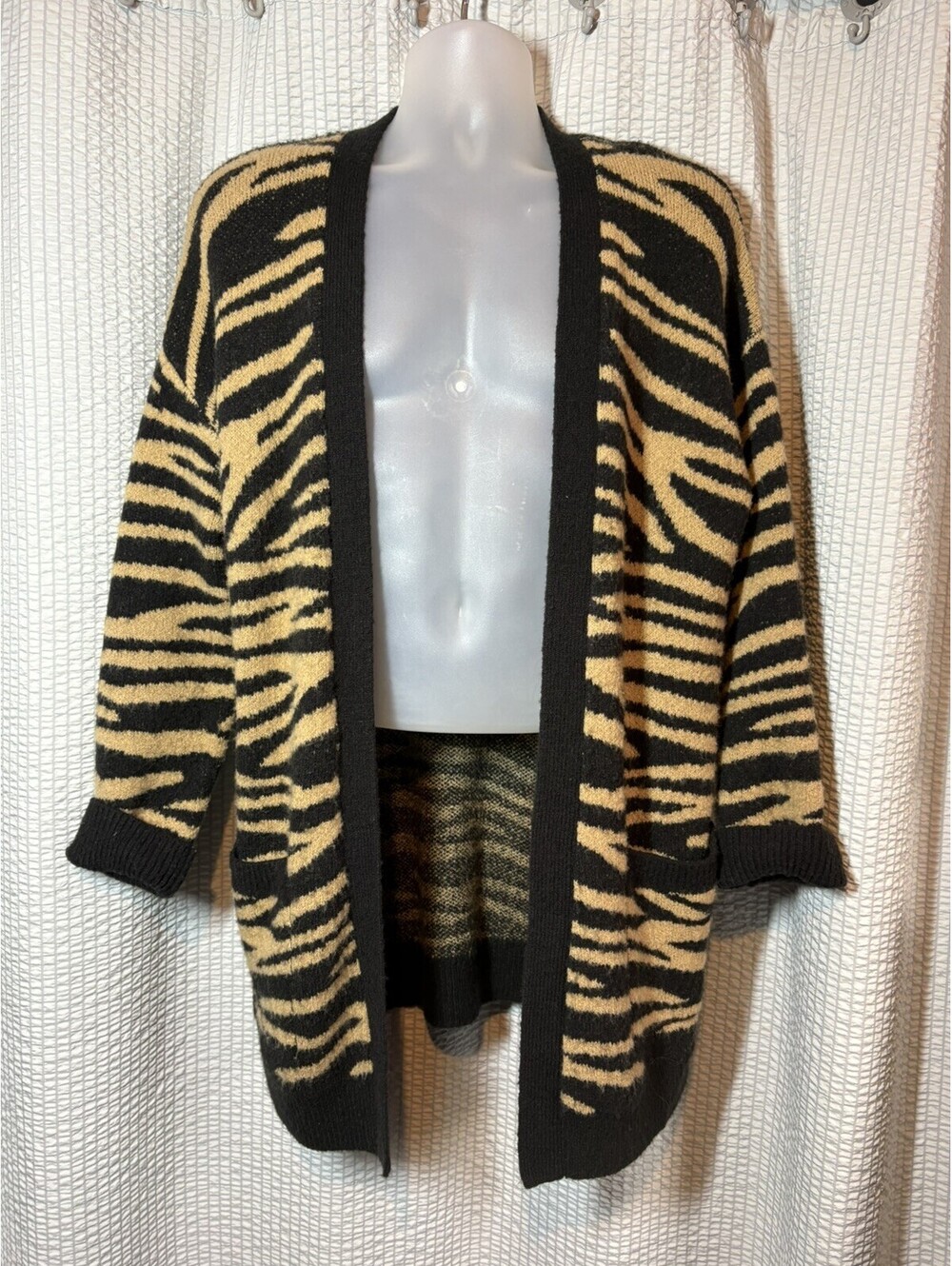 Intro Tiger Animal Print Open Front Cardigan Sweater With Pockets M Black Brown - Picture 1 of 10